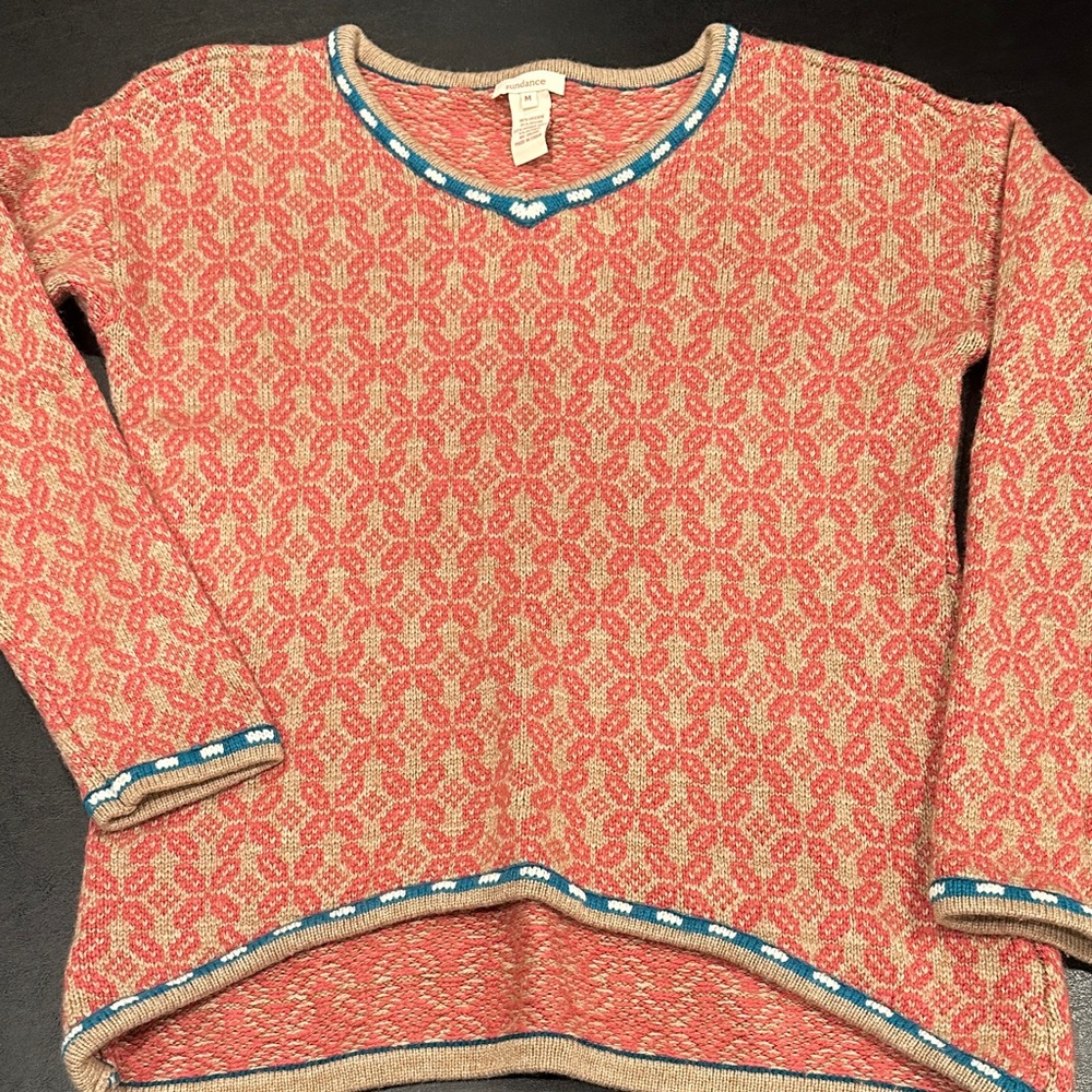 Sundance Chanticleer Pink and Tan Merino Alpaca Wool Patterned Sweater